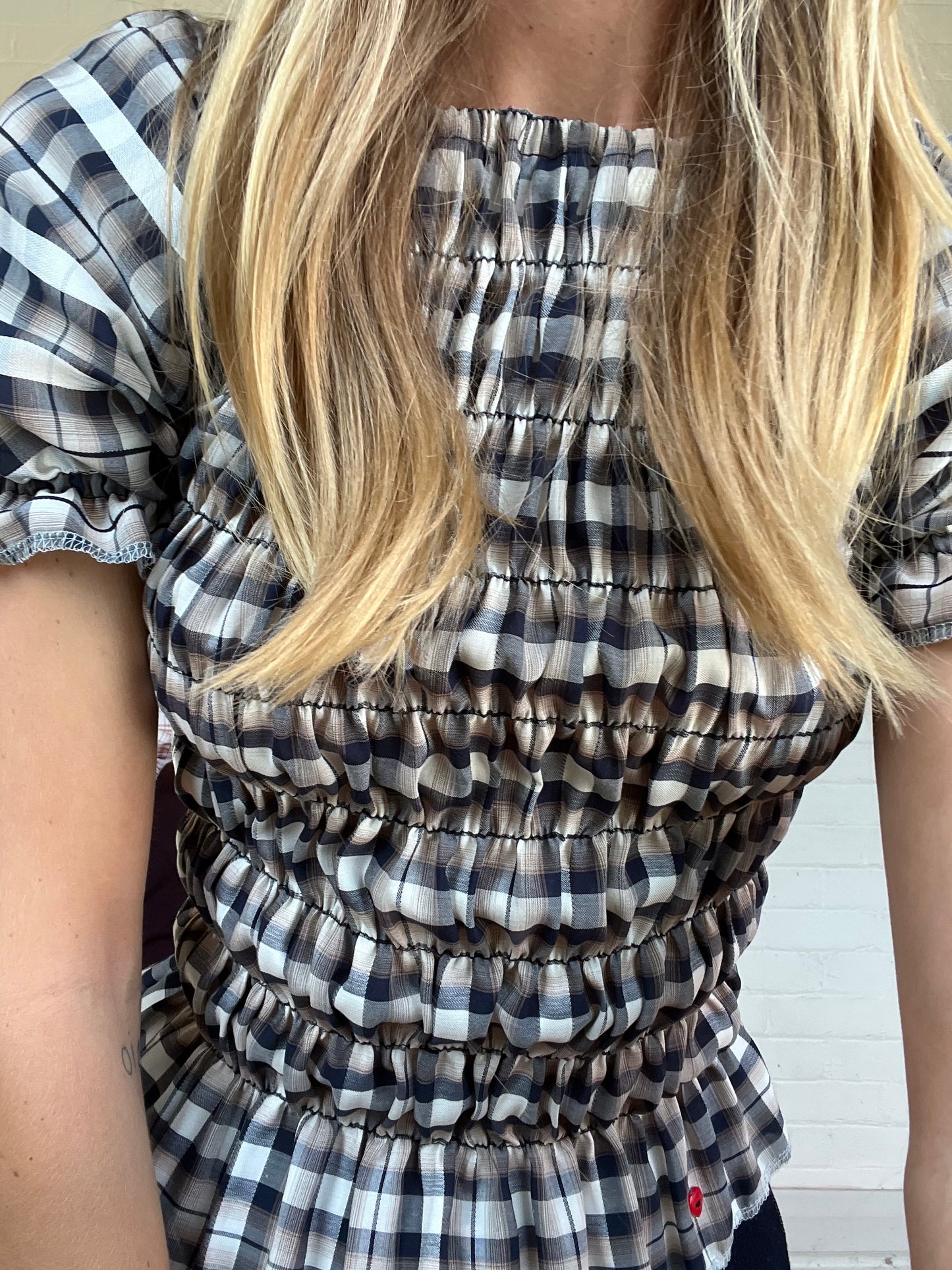 The Puff Sleeve Top - Mushroom Plaid