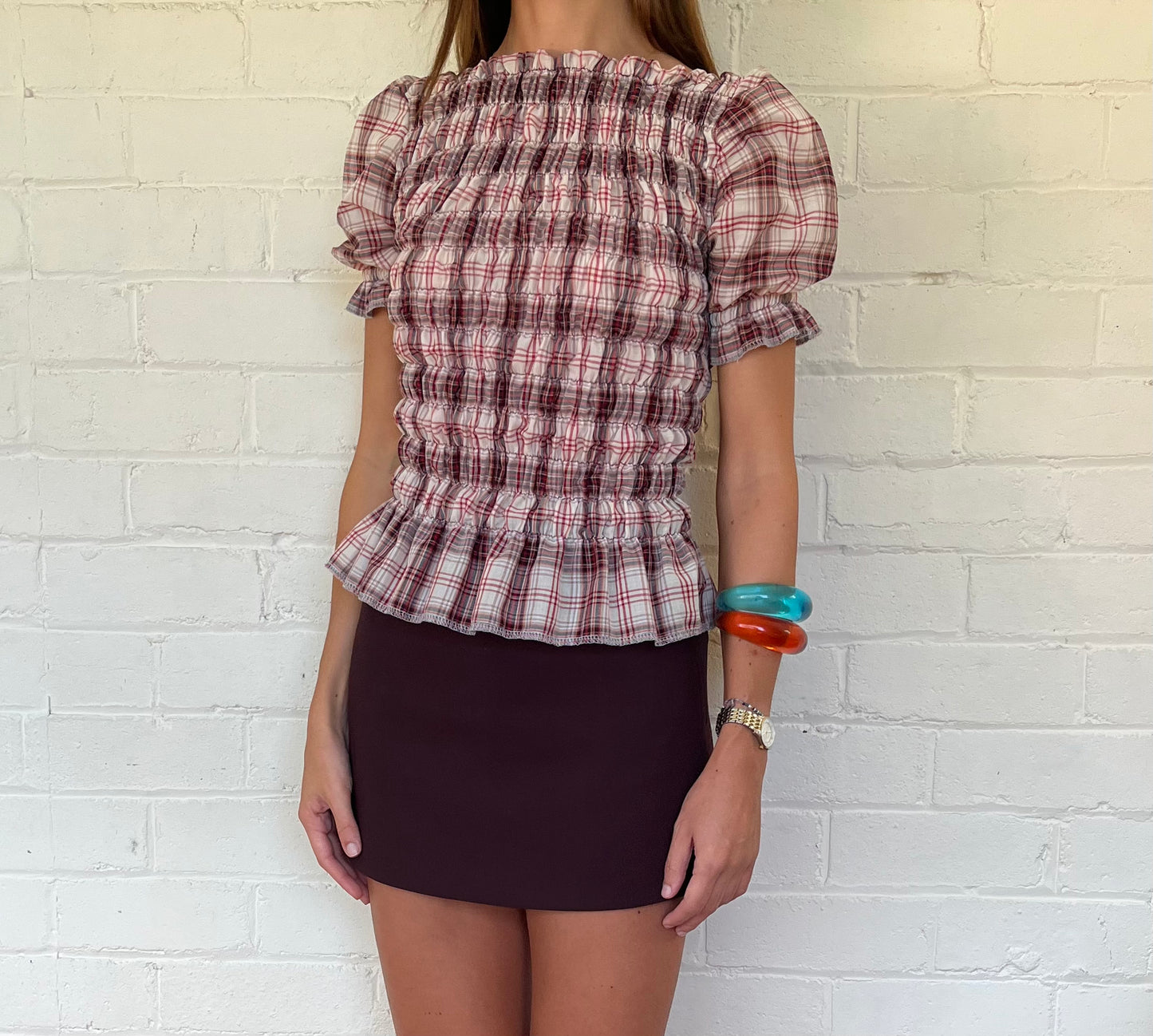 The Puff Sleeve Top - Mulberry Plaid
