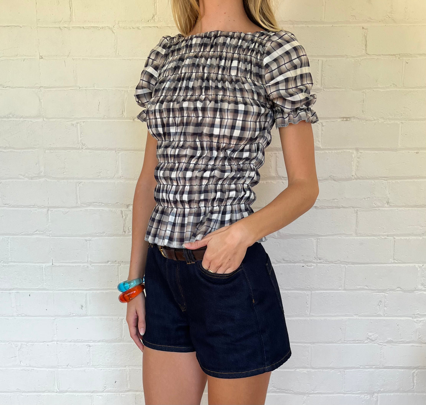 The Puff Sleeve Top - Mushroom Plaid