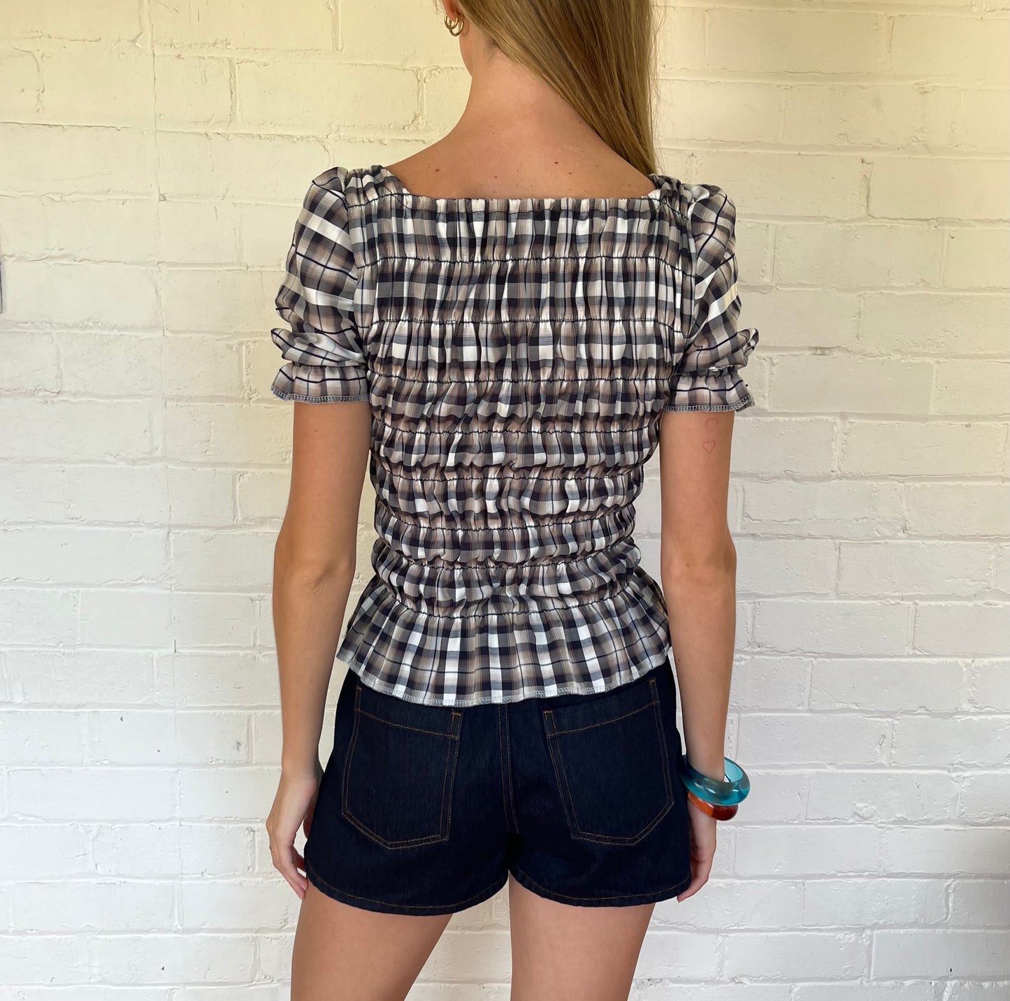 The Puff Sleeve Top - Mushroom Plaid
