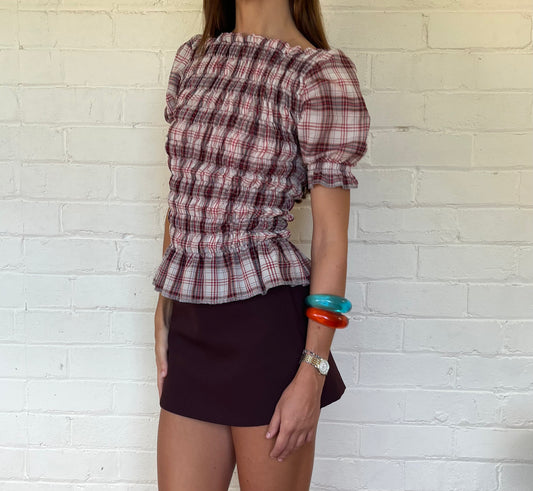 The Puff Sleeve Top - Mulberry Plaid