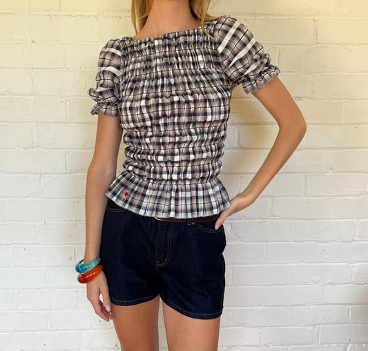 The Puff Sleeve Top - Mushroom Plaid